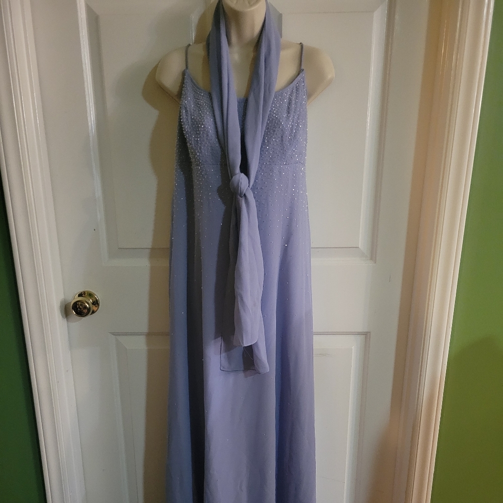 Sparkling beaded periwinkle formal long gown.